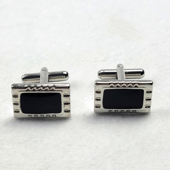 Vintage black and silver rectangle cufflinks - Picture 1 of 5